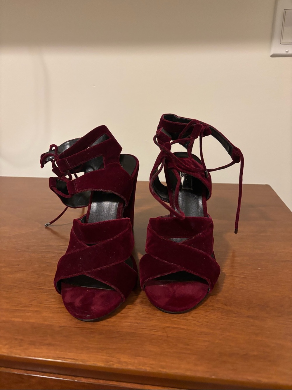 Halogen Burgundy Velvet Lace-Up Block Heel Sandals